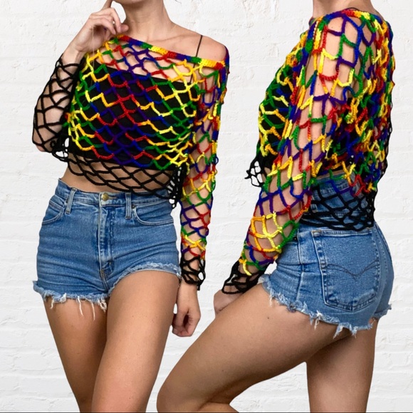HANDMADE | Rainbow Lace Crochet Long Sleeve Festival Summer Cropped Top - Picture 1 of 9